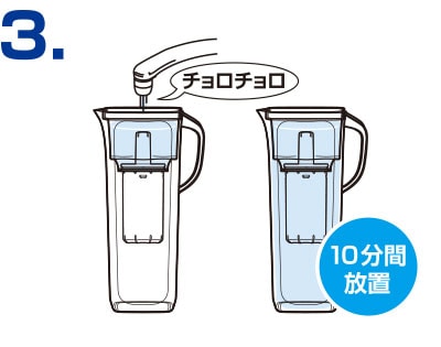 2.の状態のまま続けて、ロートにあふれない程度の水量に蛇口をしぽり、本体容器が満杯になるまで通水後、10分間放置します。