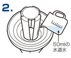 カートリッジの上から水道水を50ml注ぎ、そのまま約10分間放置します。