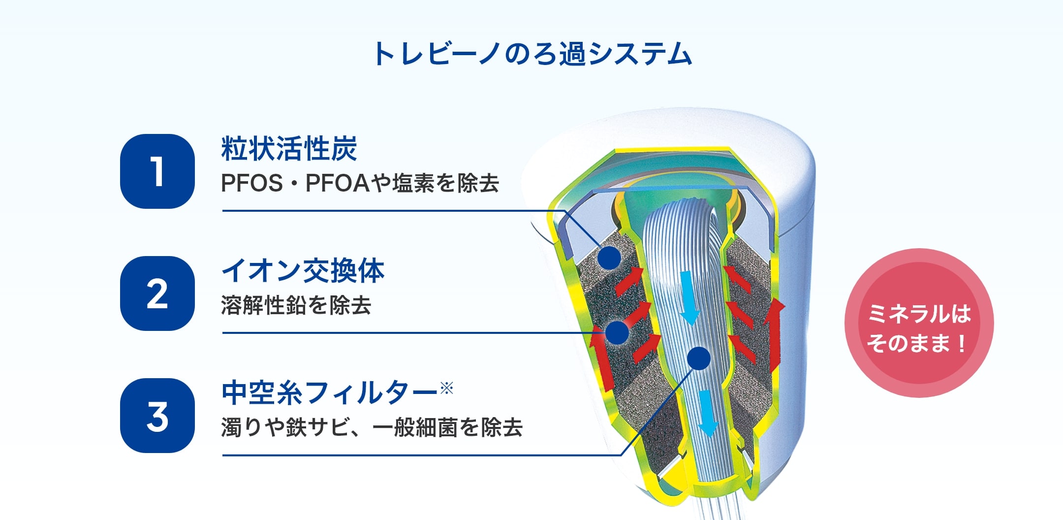 トレビーノのろ過システム ①粒状活性炭（PFOS・PFOAや塩素を除去）②イオン交換体（溶解性鉛を除去）③中空糸フィルター（濁りや鉄サビ、一般細菌を除去）　ミネラルはそのまま！
